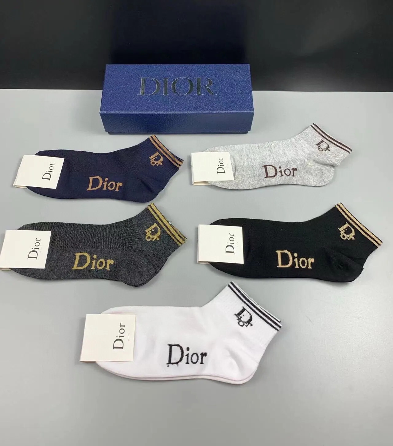 Dior Gray Navy Logo-Embroidered Ribbed Cuff Socks