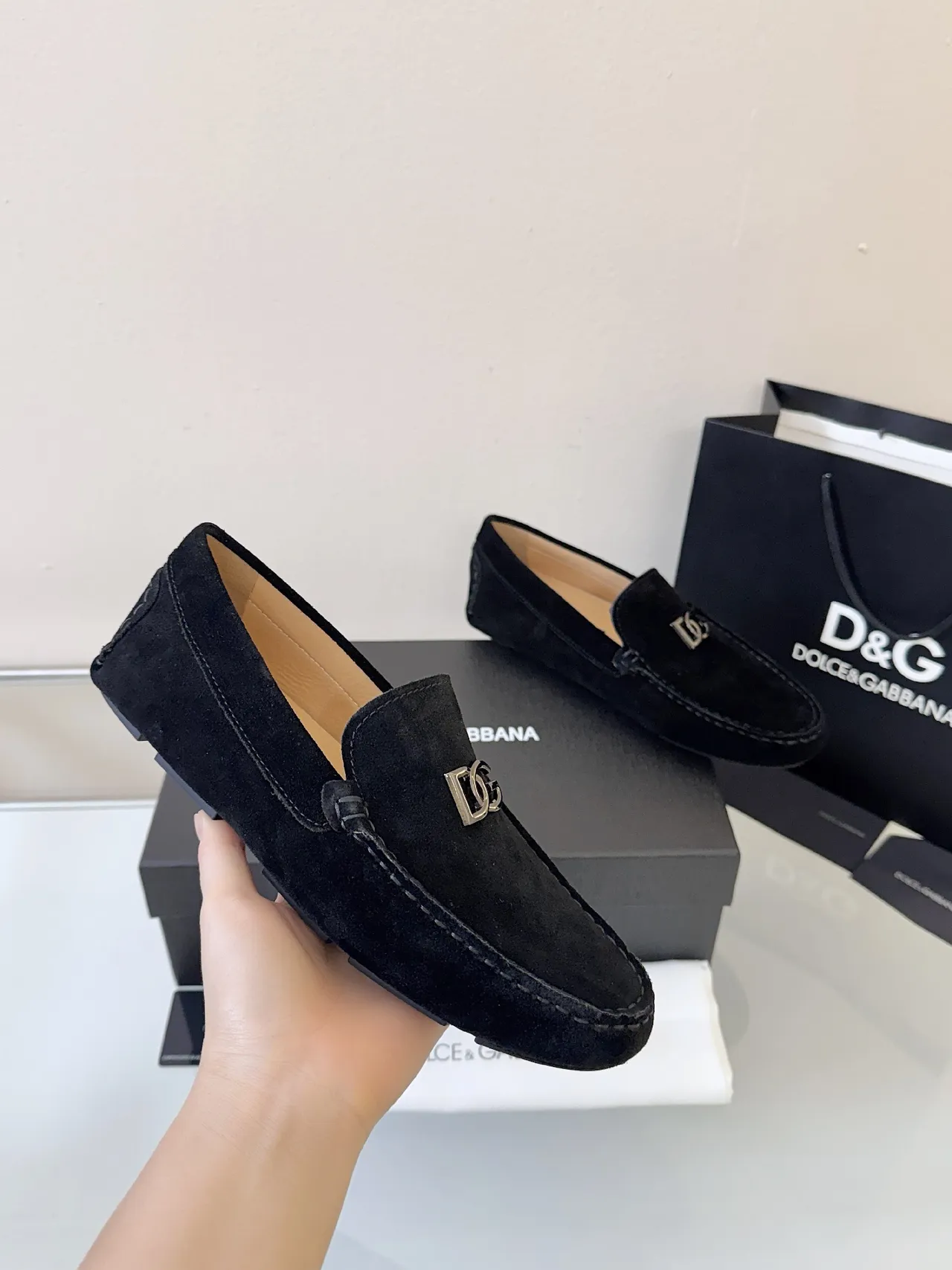 Dolce & Gabbana Portofino Black Beige Suede Upper Metal DG Buckle Loafer
