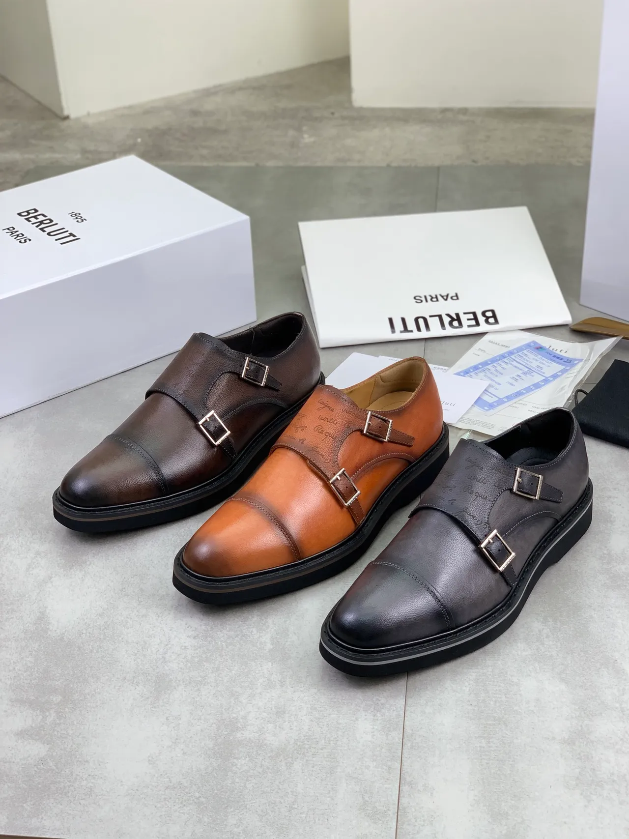 BERLUTI Double Monk Strap Cap Toe Brown Leather Monk Shoes