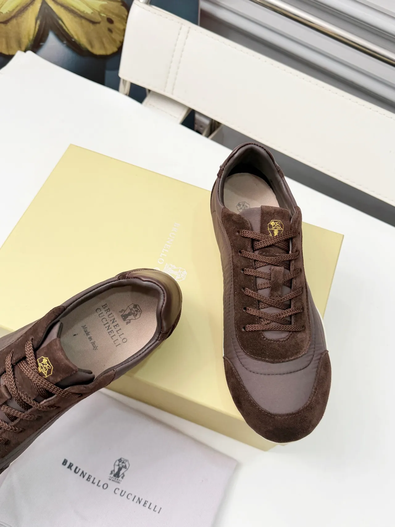 Brunello Cucinelli Brown Suede and Textile Low-Top Lifestyle Sneakers