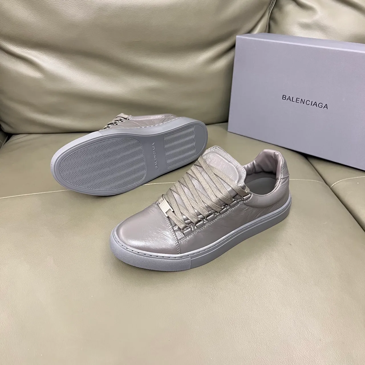Balenciaga Silver Gray Metallic Leather Wide Flat Laces Lifestyle Sneakers