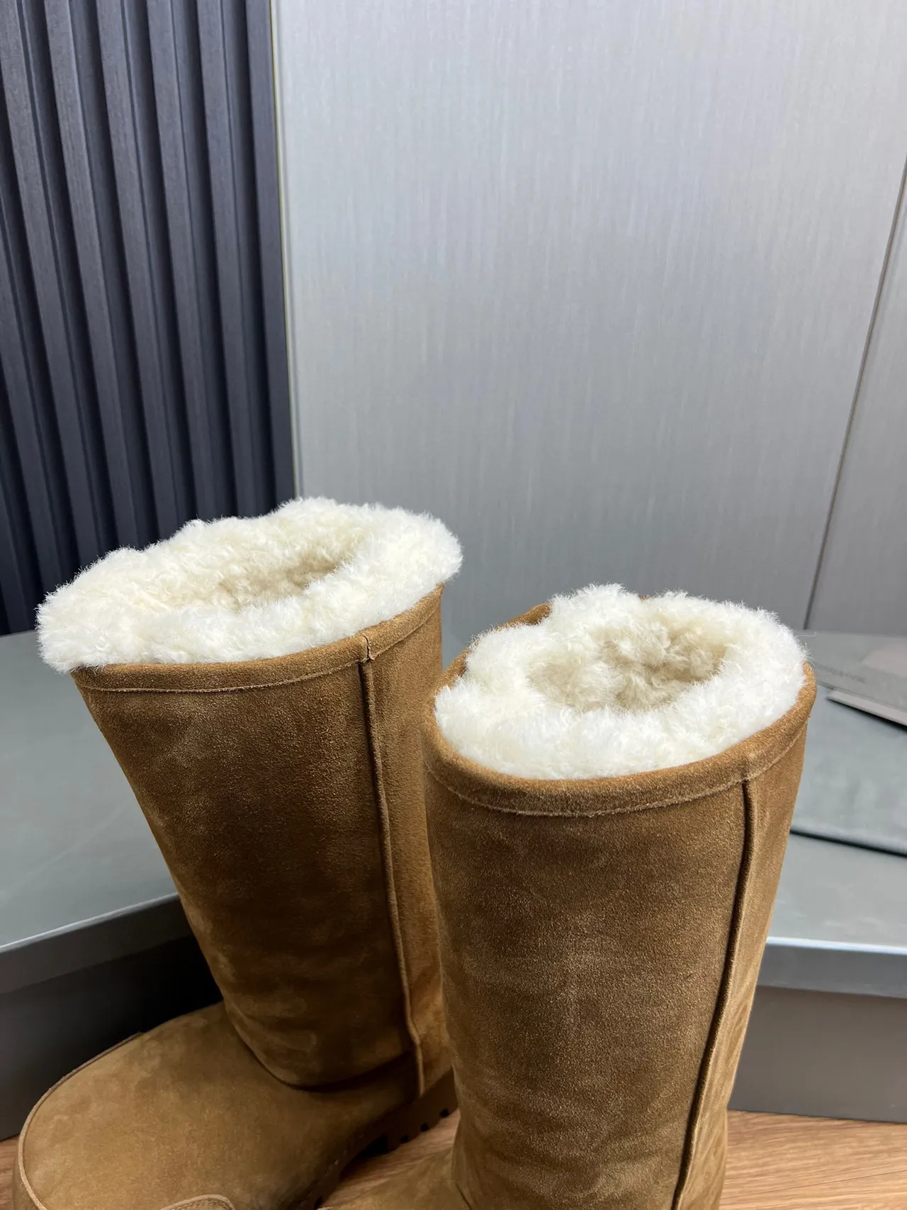 Balenciaga Defender Brown Beige Suede Shearling-Lined Knee Boots