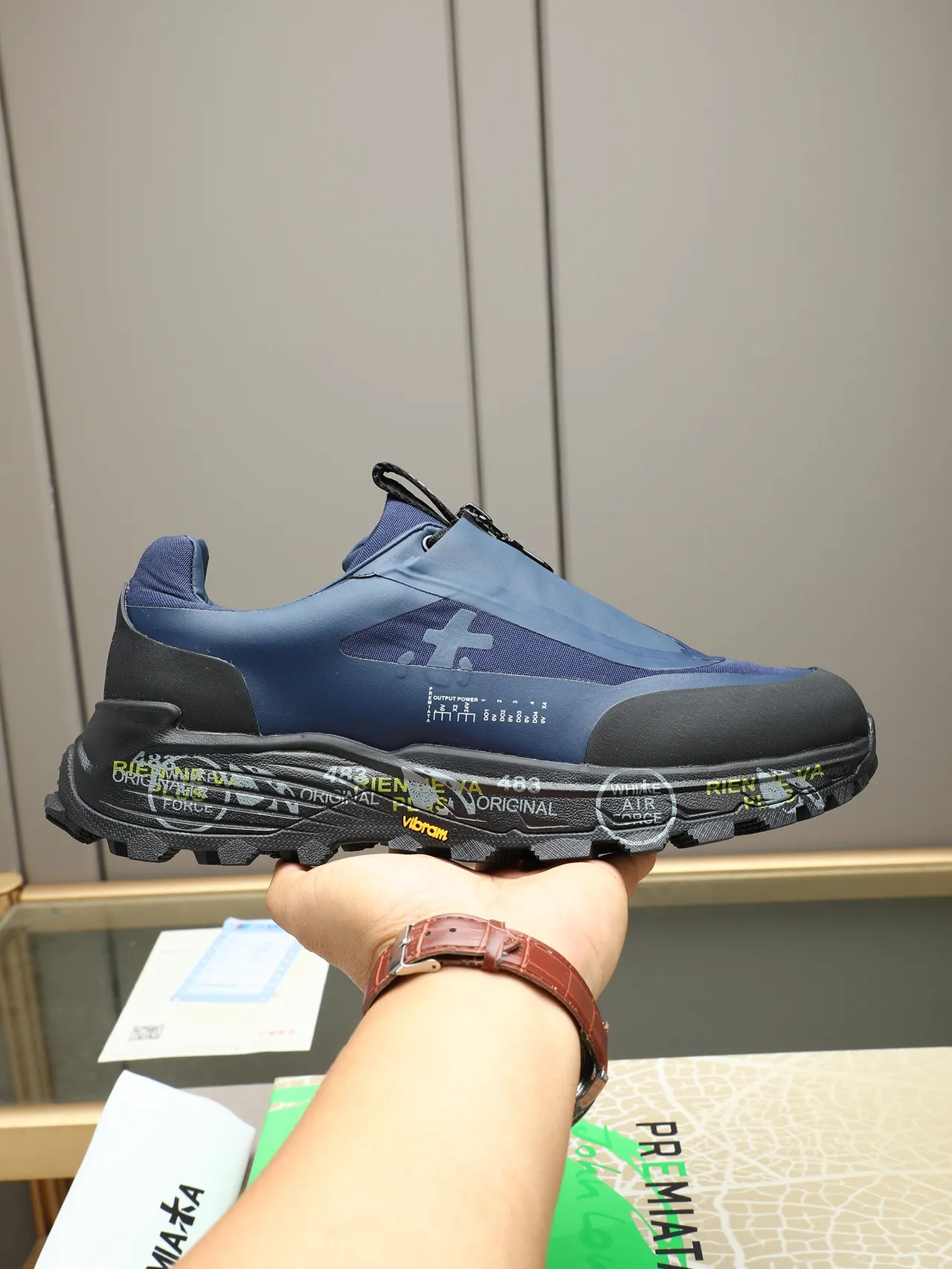 Premiata Navy Black Laceless Zip-Closure Upper Rugged Vibram Outsole Lifestyle Sneakers