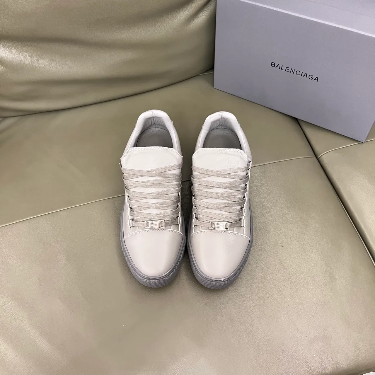 Balenciaga White Gray Minimalist Leather Upper Lifestyle Sneakers