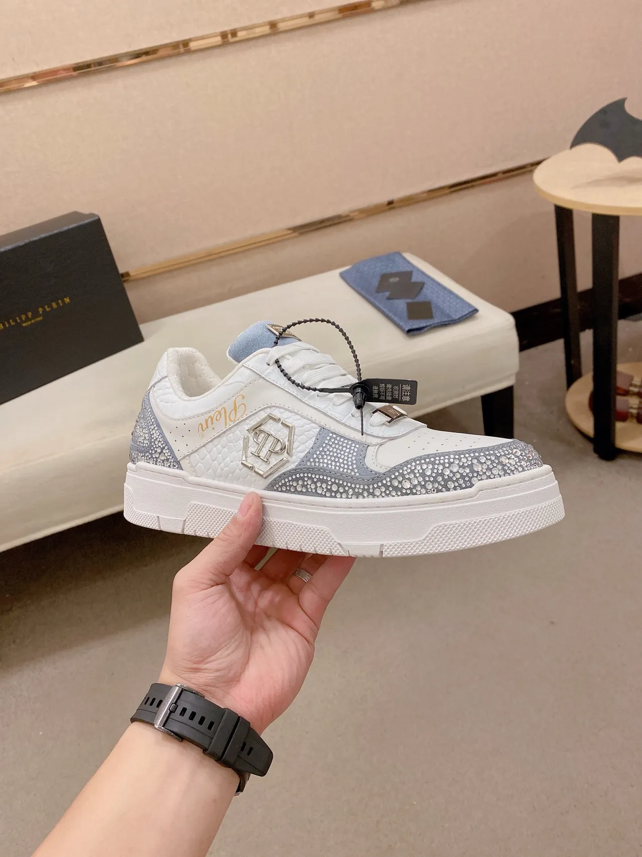 Philipp Plein Crystal-Embellished White and Light Blue Lifestyle Sneakers