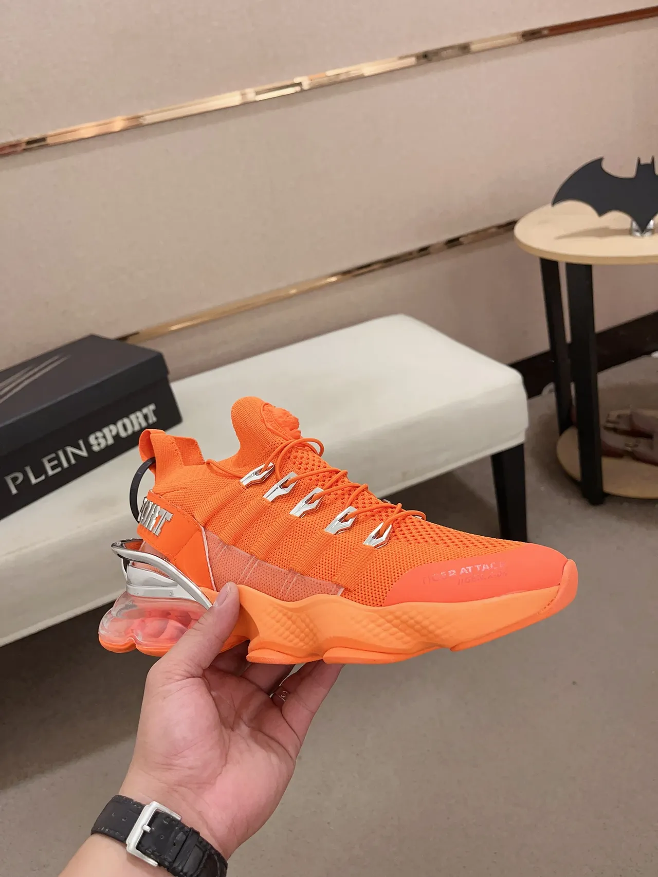 Philipp Plein Orange Silver Knit Upper Sculpted Midsole Chunky Sneakers