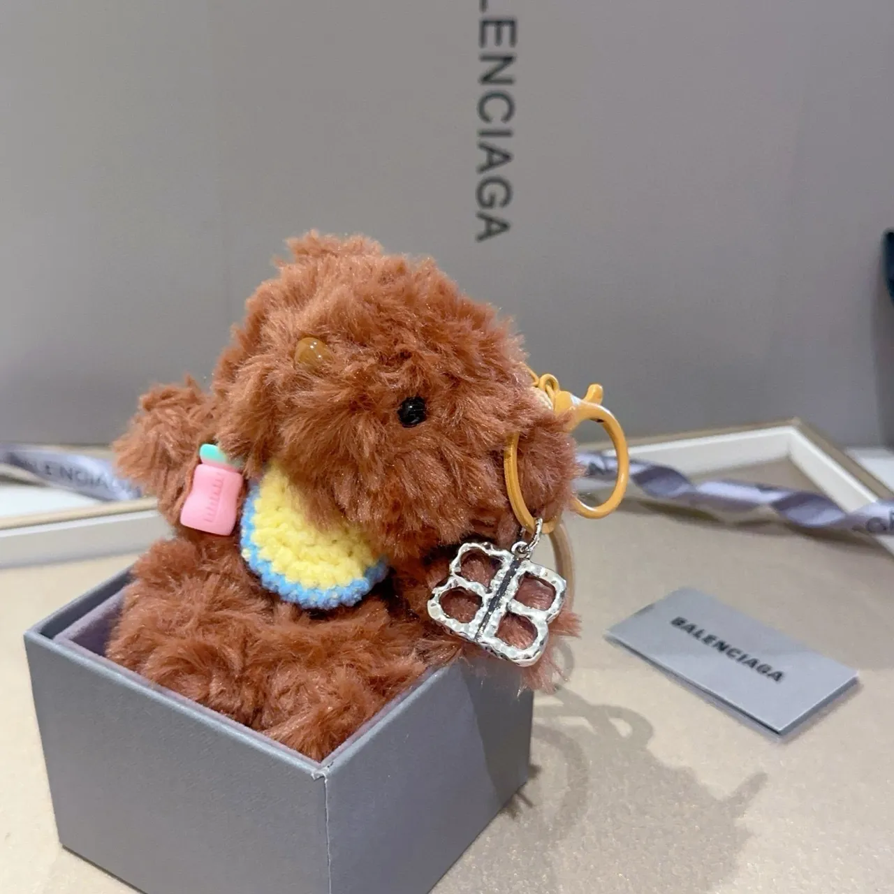 Balenciaga Brown Beige Plush Teddy Bear Knitted Bib Crossbody Bag