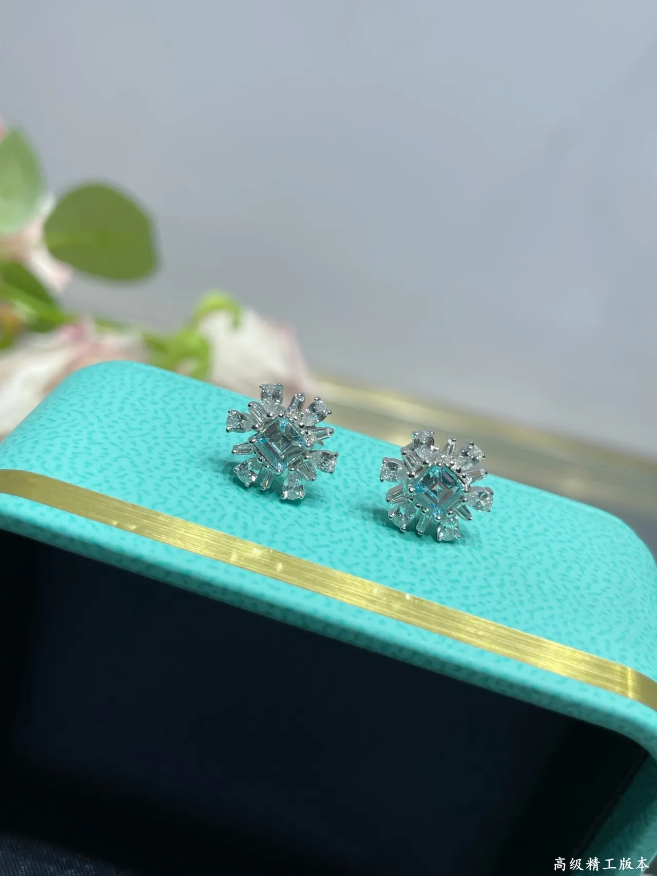 Tiffany & Co. Floral Halo Light Blue Square-Cut Stud Earrings