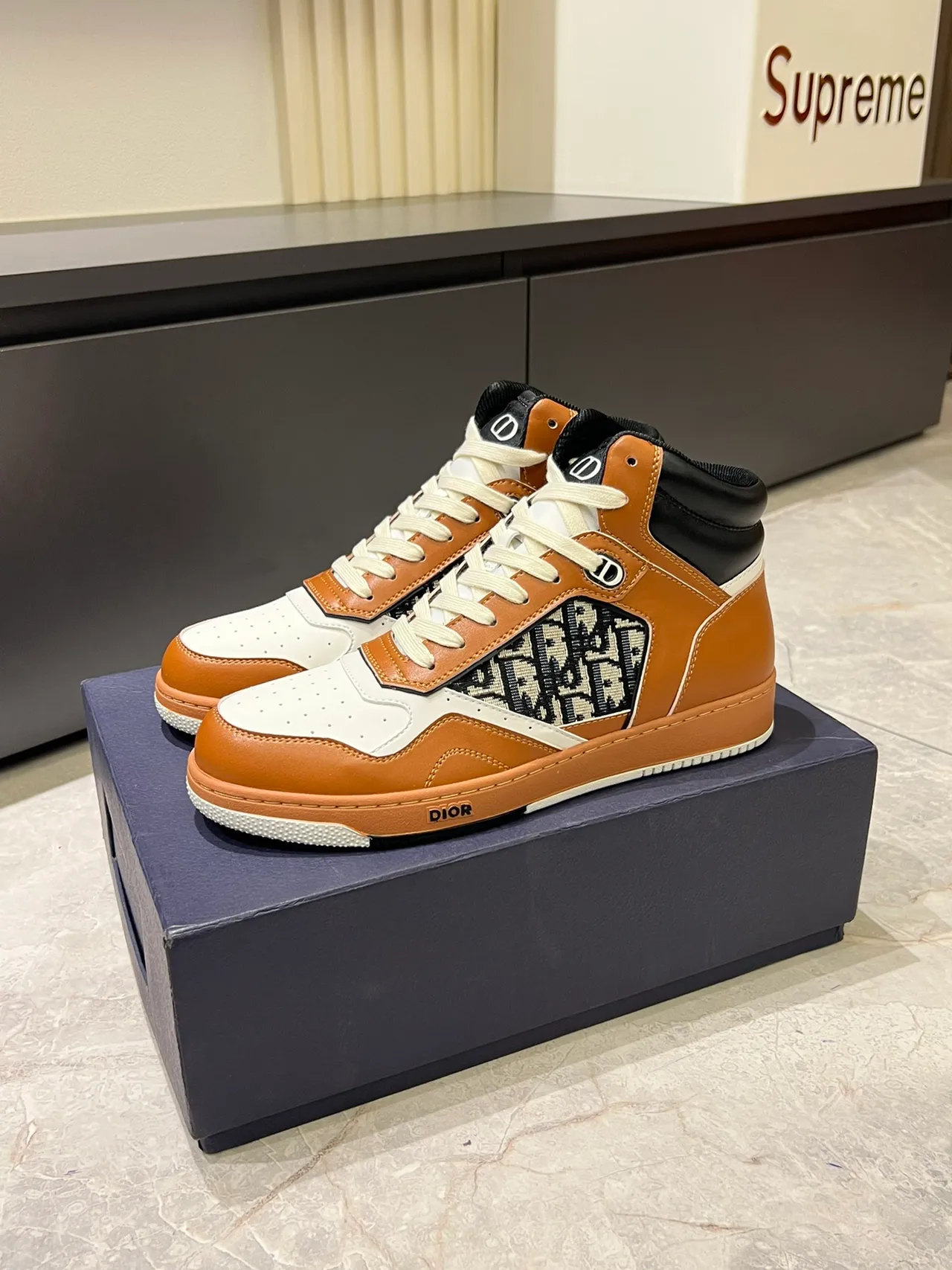 Dior B23 Tan and White Oblique Monogram High-Top Lifestyle Sneakers