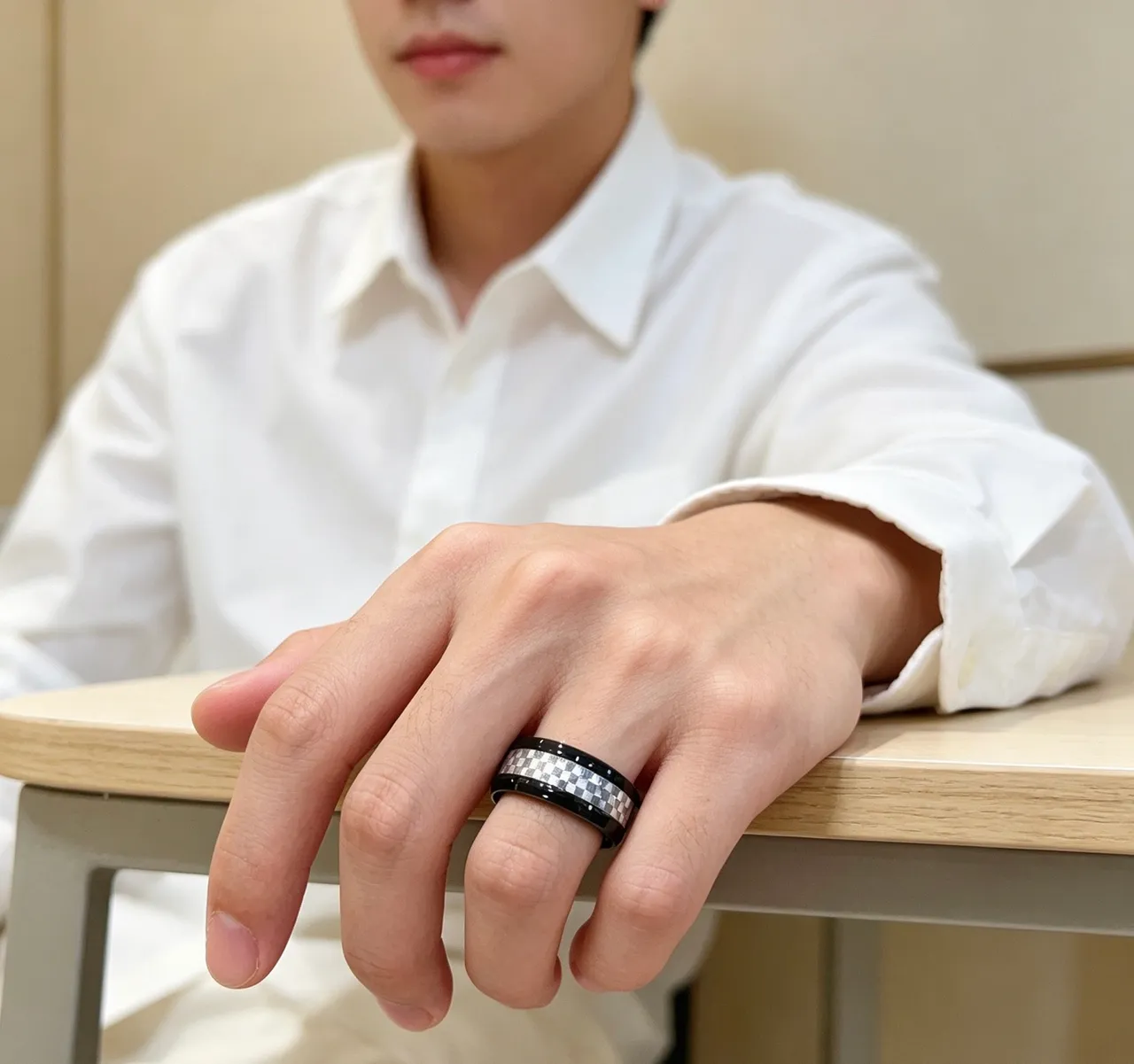 Gucci Mosaic Black Silver Ceramic Checkered Inlay Ring
