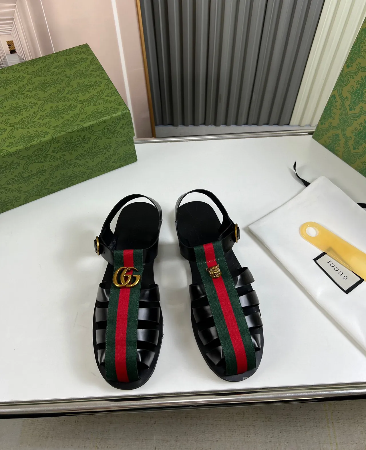Gucci Dionysus Black Green Ribbed Toe Guard Web Stripe Strap Gladiator Sandals
