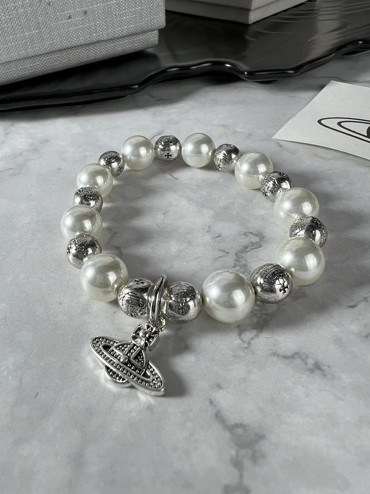 Vivienne Westwood Orb Bracelet White Pearl and Silver-Tone Bead Bracelet