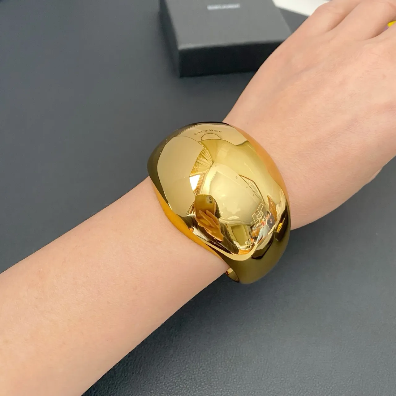 Saint Laurent Wide High-Polish Gold Cuff Bracelet