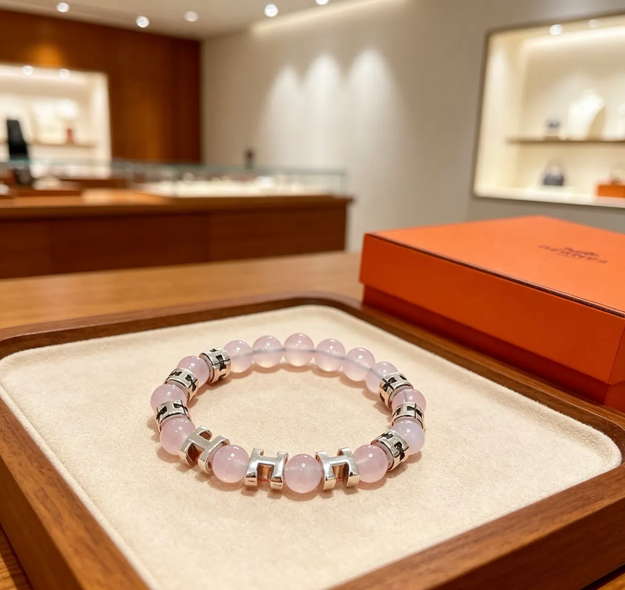 Hermès Beige Silver Beaded H-Motif Charms Bracelet