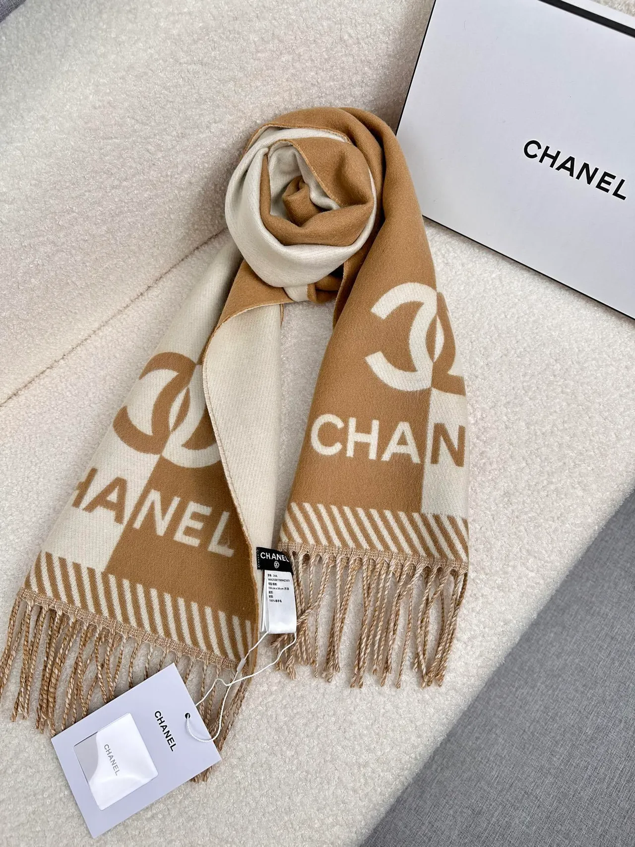 Chanel Monogrammed Beige and Cream Cashmere Scarf