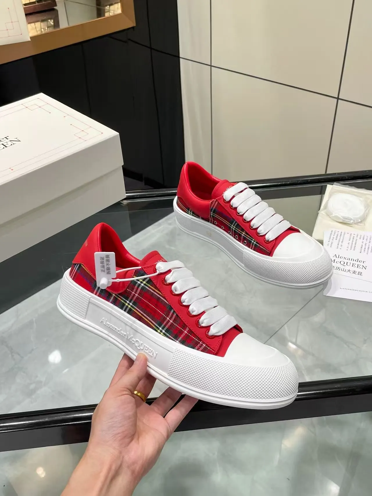 Alexander McQueen Oversized Sneaker Red Plaid White Platform Lifestyle Sneakers
