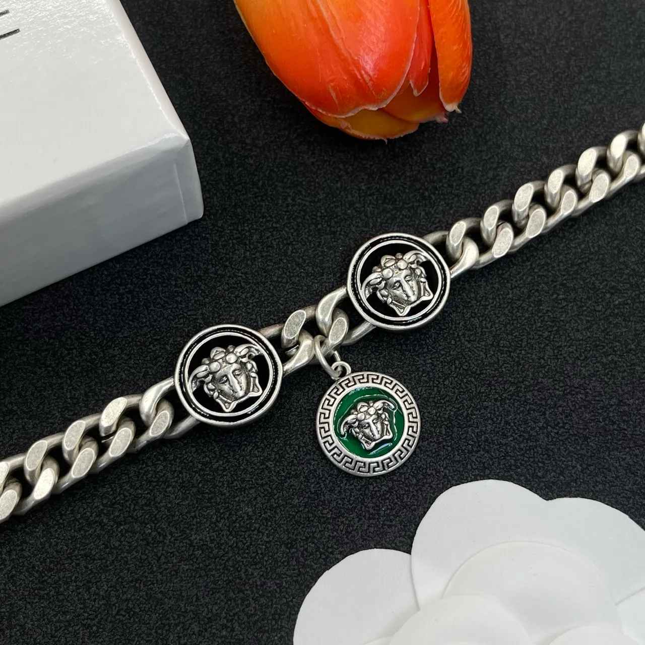 Versace Medusa Charm Bracelet Silver Green Curb Chain Bracelet