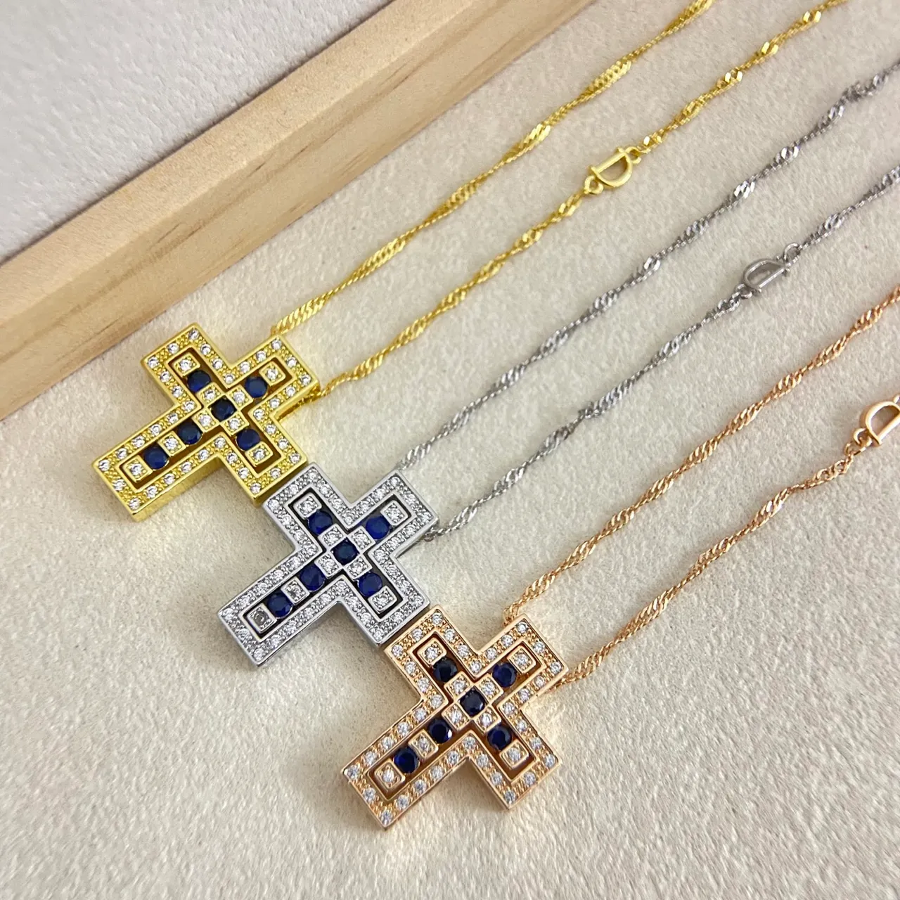 Gold Multicolor Geometric Cross Pendant Pavé-Set Gemstones Necklace