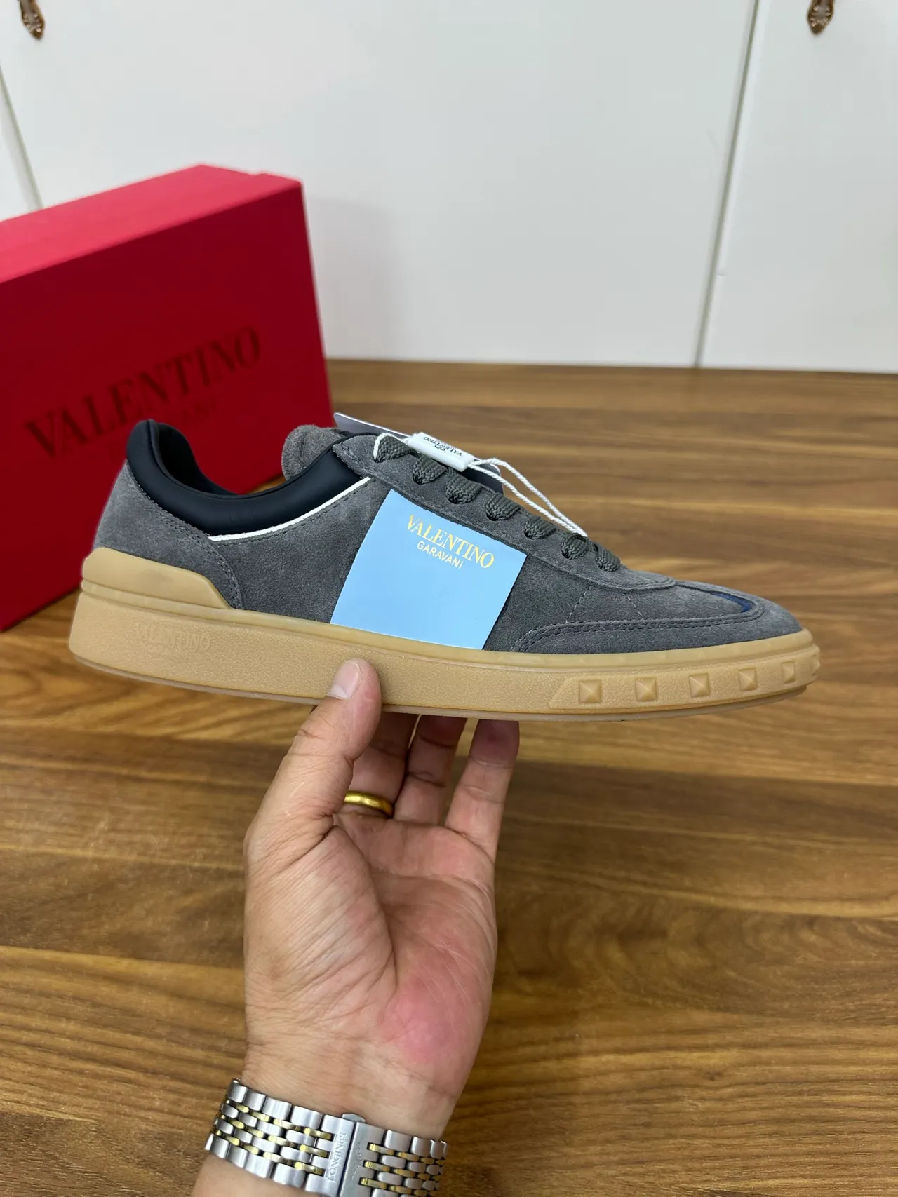 Valentino Gray Blue Suede Upper Light Side Stripe Lifestyle Sneakers