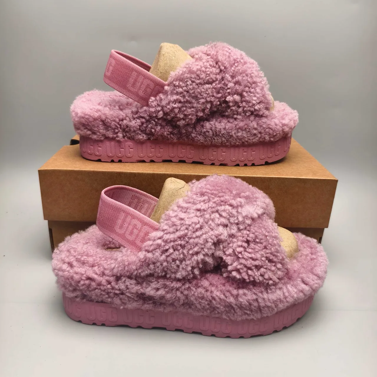 UGG Tasman Pink Fuzzy Cross-Strap Slippers