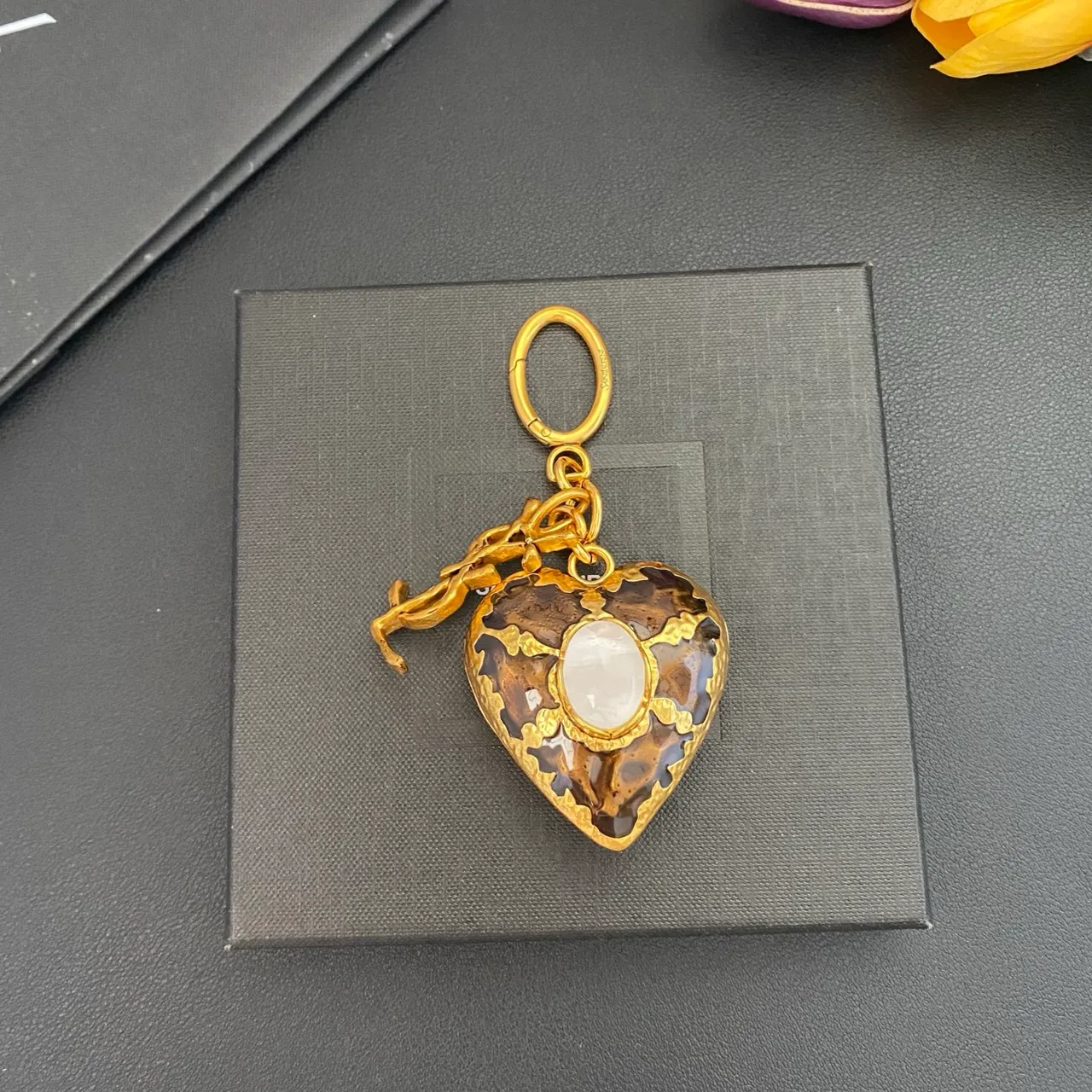 Saint Laurent Monogram Heart Charm Gold Brown Metal Brooch