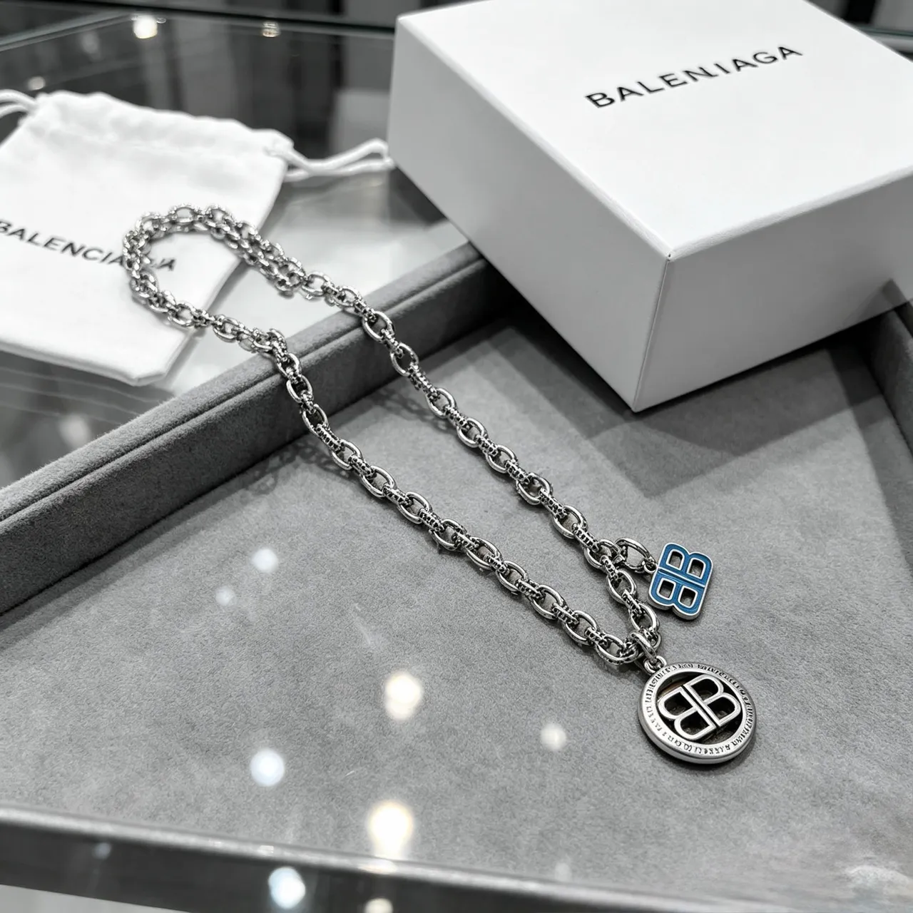 Balenciaga BB Necklace Silver Blue Chunky Curb Chain Double-B Logo Pendant Necklace