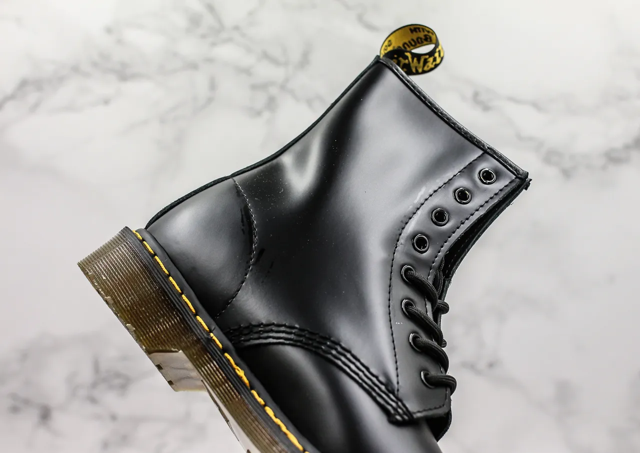 Dr. Martens 1460 Black Smooth Leather Yellow Stitch Martin Boots