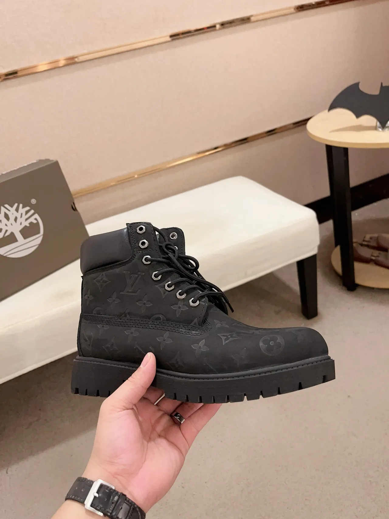 Timberland Black Monogrammed Leather Rugged Lug Sole Work Boots