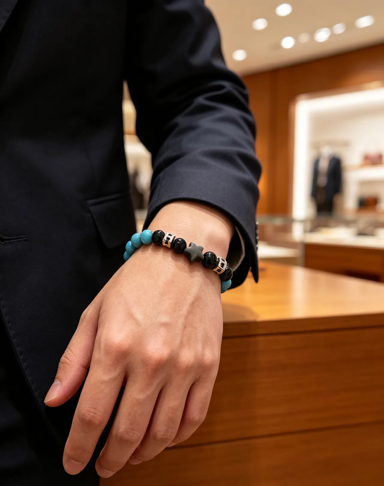 Hermès H Collection Black Blue Beaded Stretch Hardware Bracelet