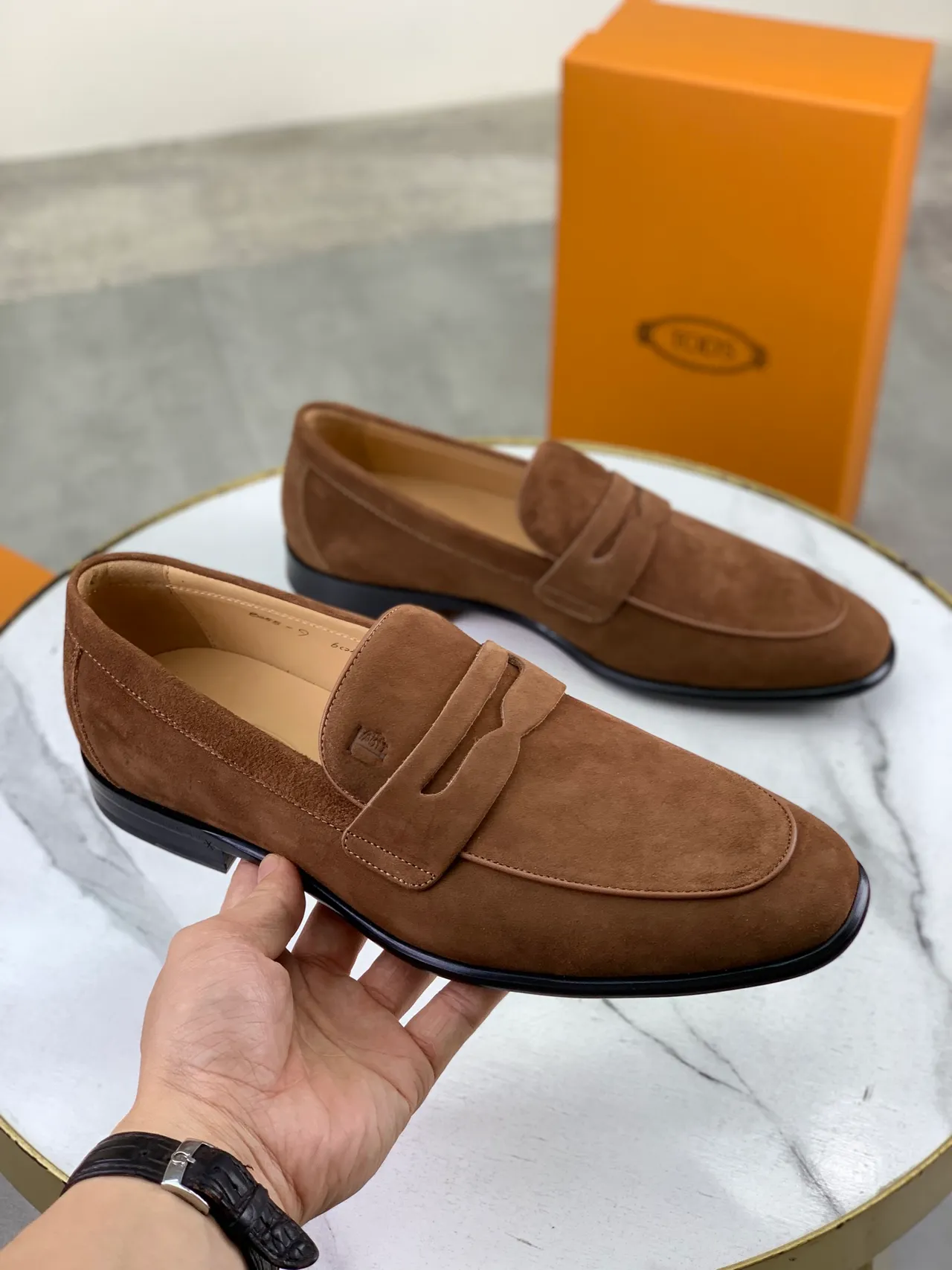 Tod's Brown Black Suede Upper Penny Strap Loafer