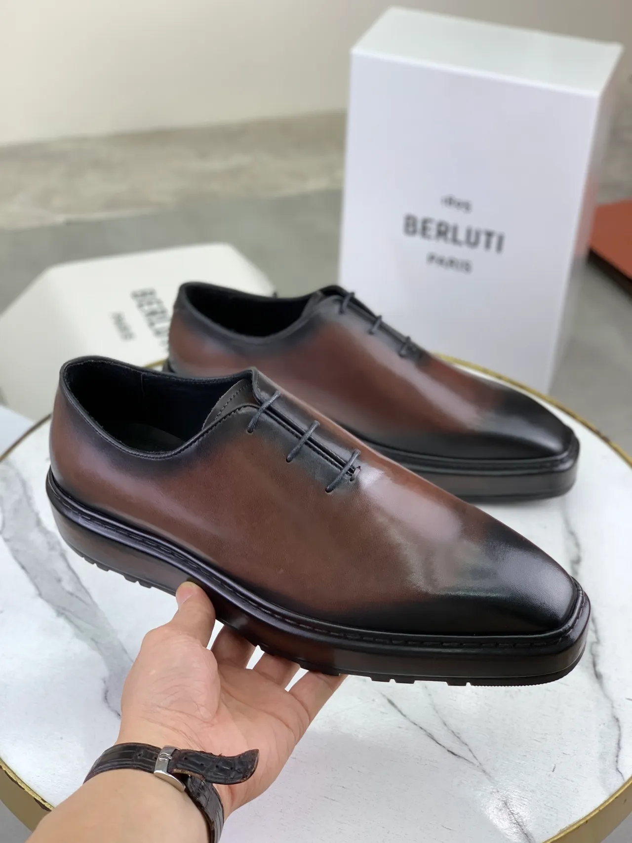 Berluti Brown Black Square-Toe Two-Tone Gradient Leather Oxford Shoes