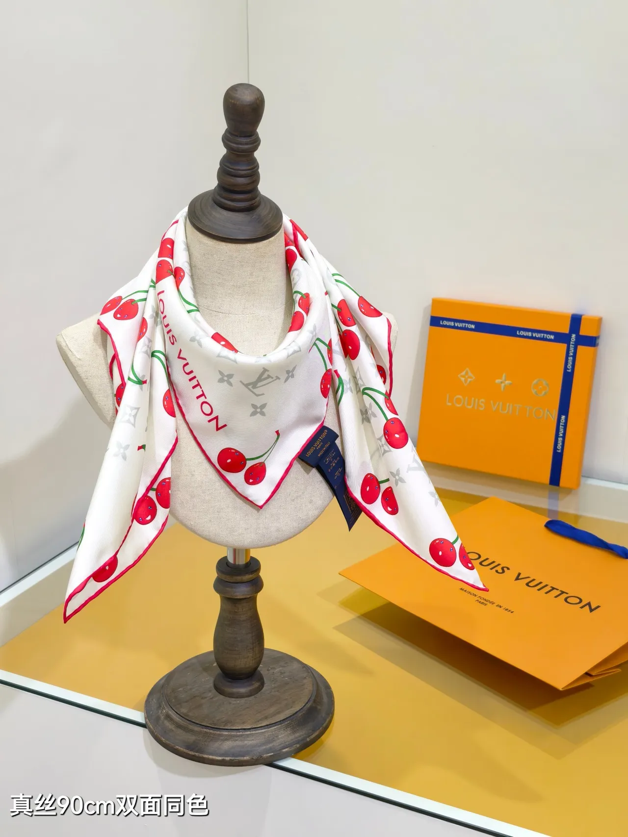 Louis Vuitton LV x TM Monogram Cerise White Red Square Cherry Print Silk Scarf