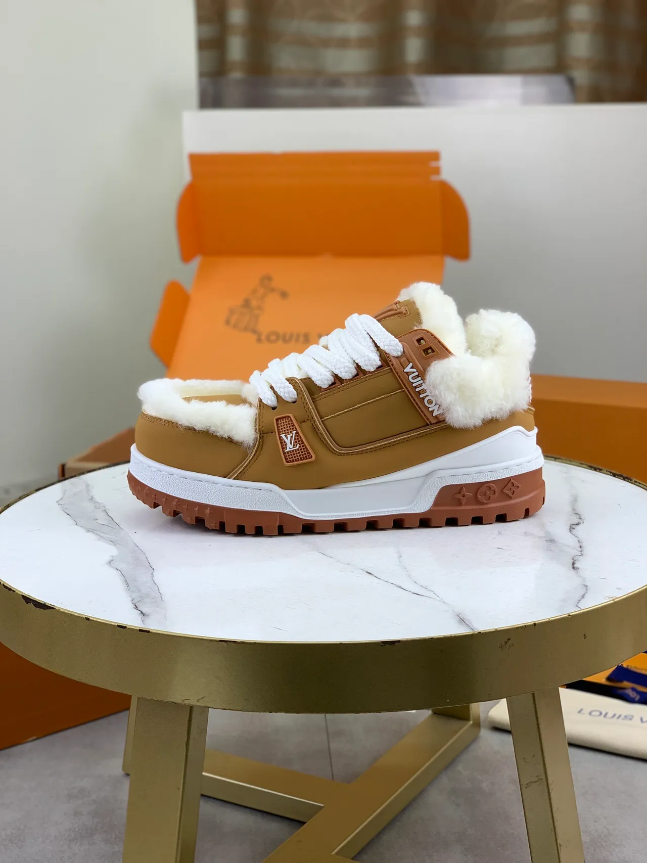Louis Vuitton LV Trainer Brown White Shearling-Lined Tan Leather Lifestyle Sneakers