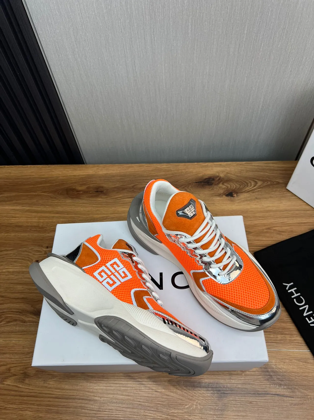 Givenchy Orange Silver Sole Mesh And Suede Upper Chunky Sneakers