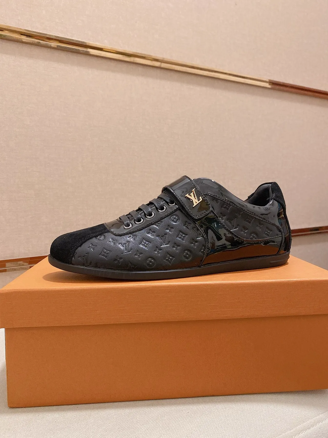 Louis Vuitton LV Trainer Black Gold Monogrammed Patent Leather Suede Toe Cap Lifestyle Sneakers