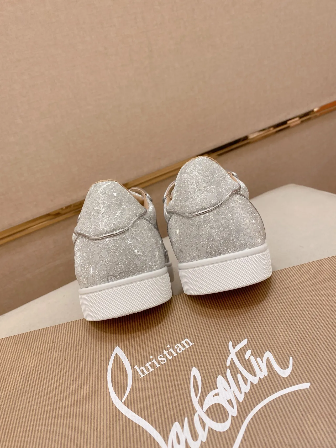 Christian Louboutin Silver White Glitter Upper Spiked Toe Cap Lifestyle Sneakers