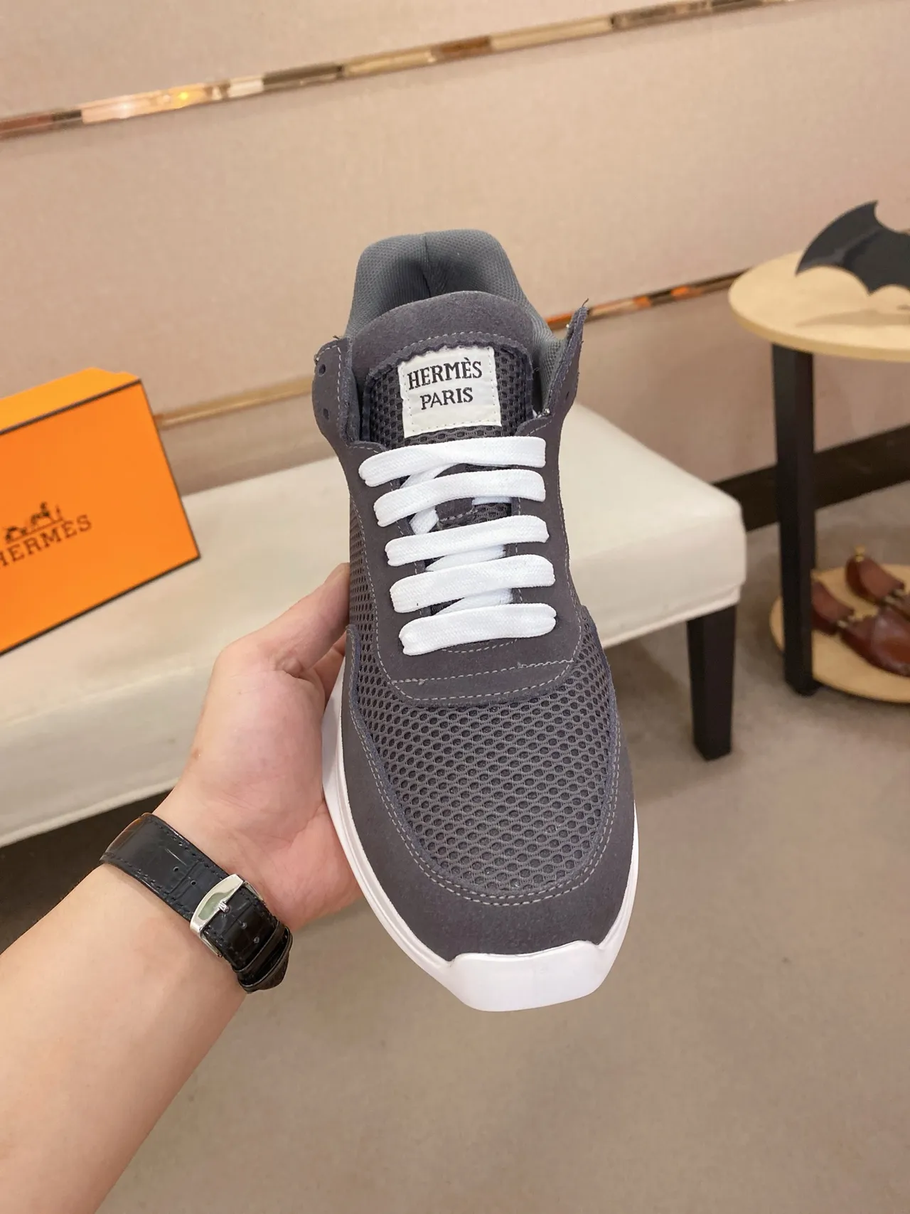 Hermès Gray White Mesh And Suede Upper Low-Top Sneakers