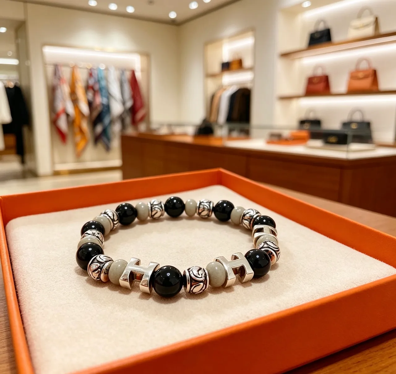 Hermès Black Silver Beaded Multi-Stone Bracelet