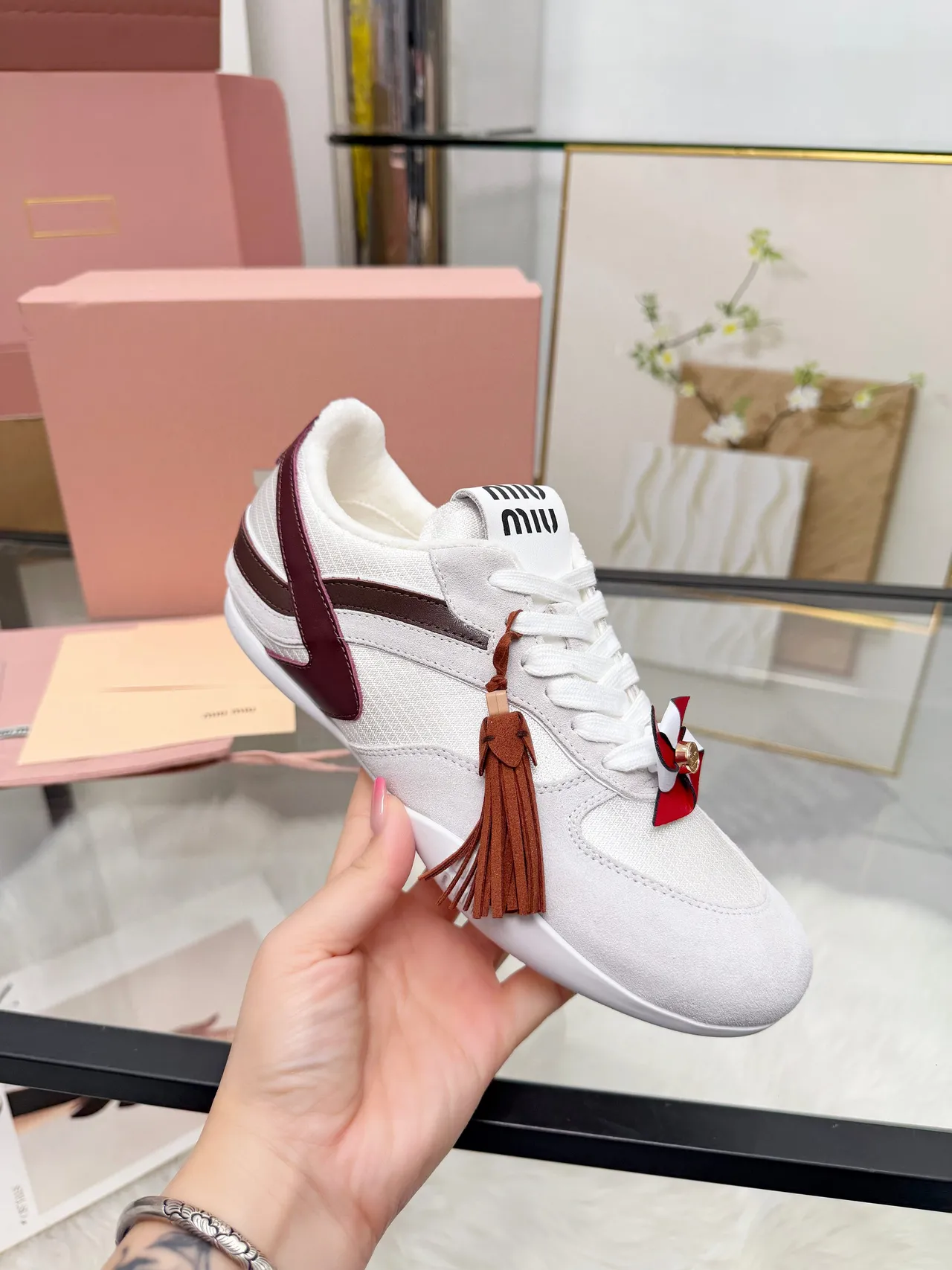 Miu Miu White Burgundy Suede And Mesh Upper Leather Side Stripe Lifestyle Sneakers