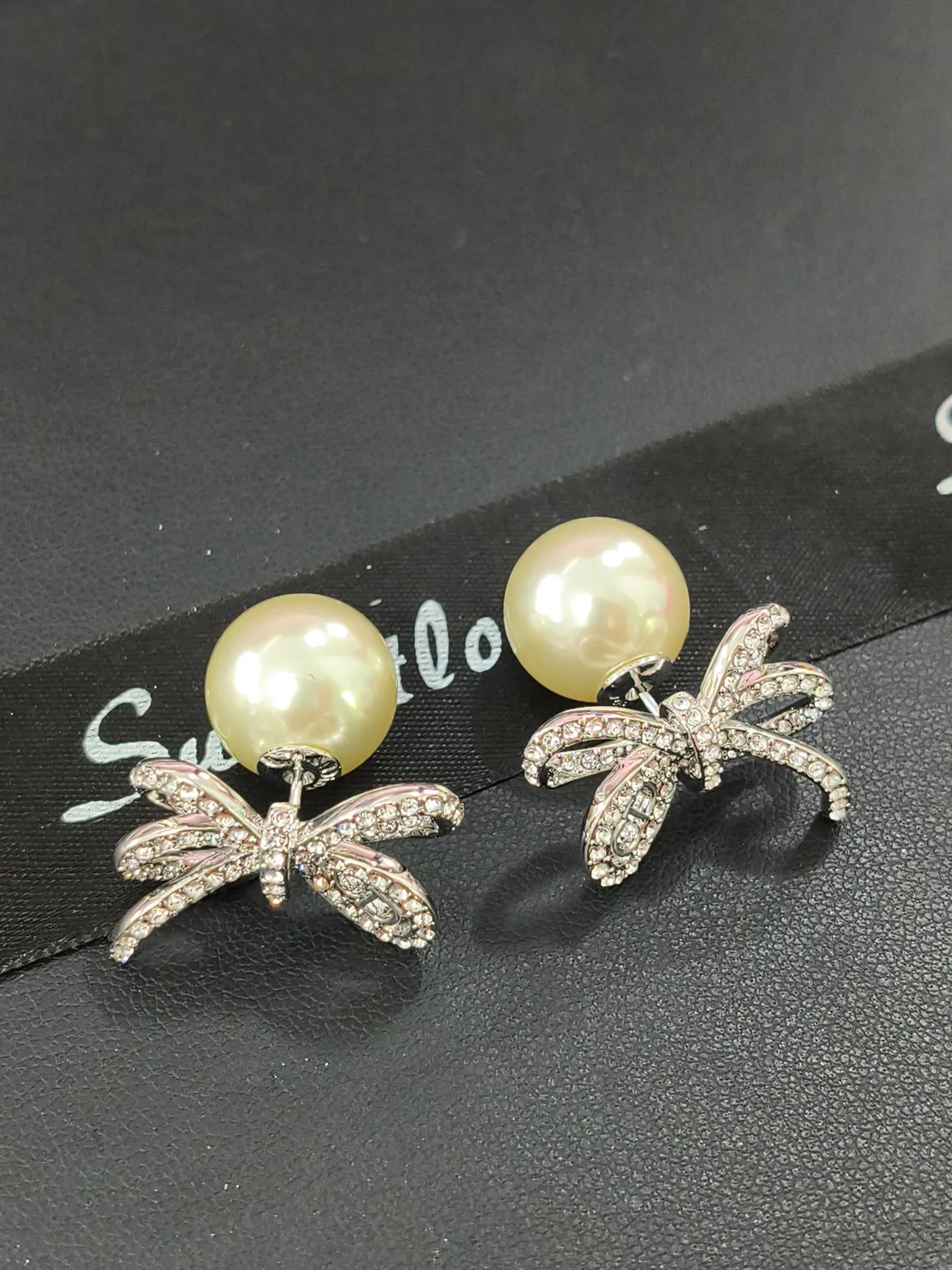 Pearl and Crystal Dragonfly Stud Earrings