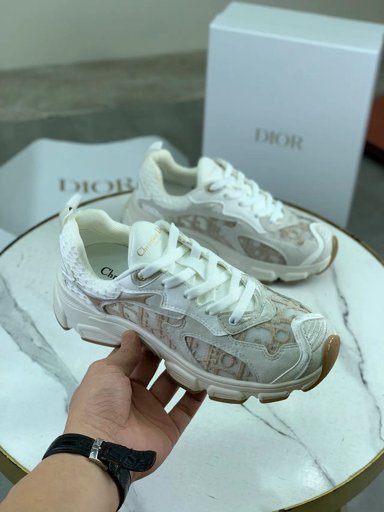 Dior White Beige Monogrammed Jacquard Upper Sculpted Sole Chunky Sneakers
