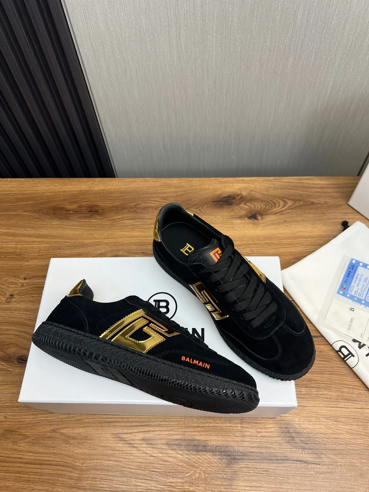 Balmain Black Gold Suede Upper Monogram Logo Lifestyle Sneakers