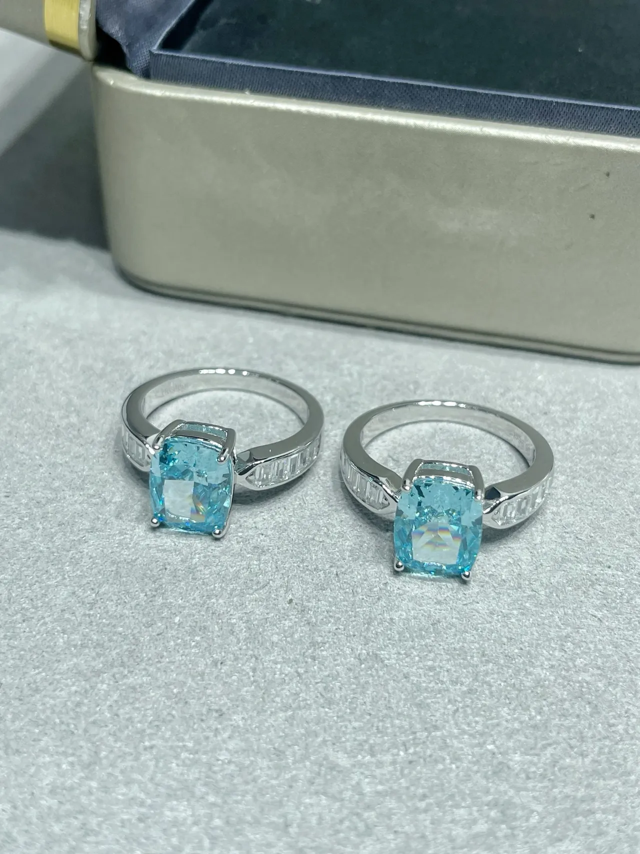 Blue Silver Cushion-Cut Central Stone Baguette Side Accents Ring