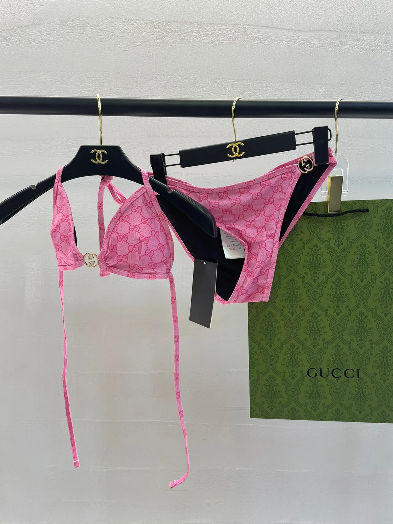 Gucci Pink Halter Triangle All-Over GG Monogram Swimwear