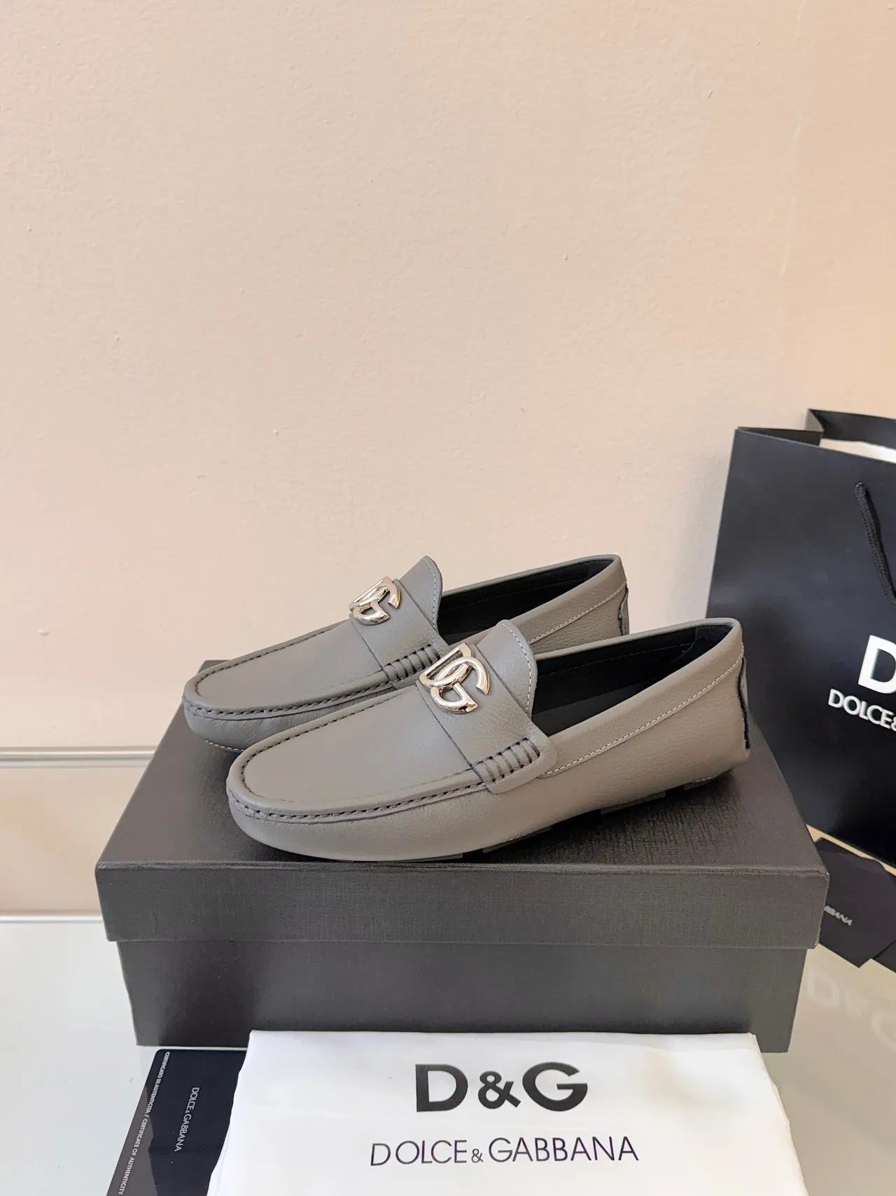 Dolce & Gabbana Portofino Gray Black Leather Moc-Toe Loafer