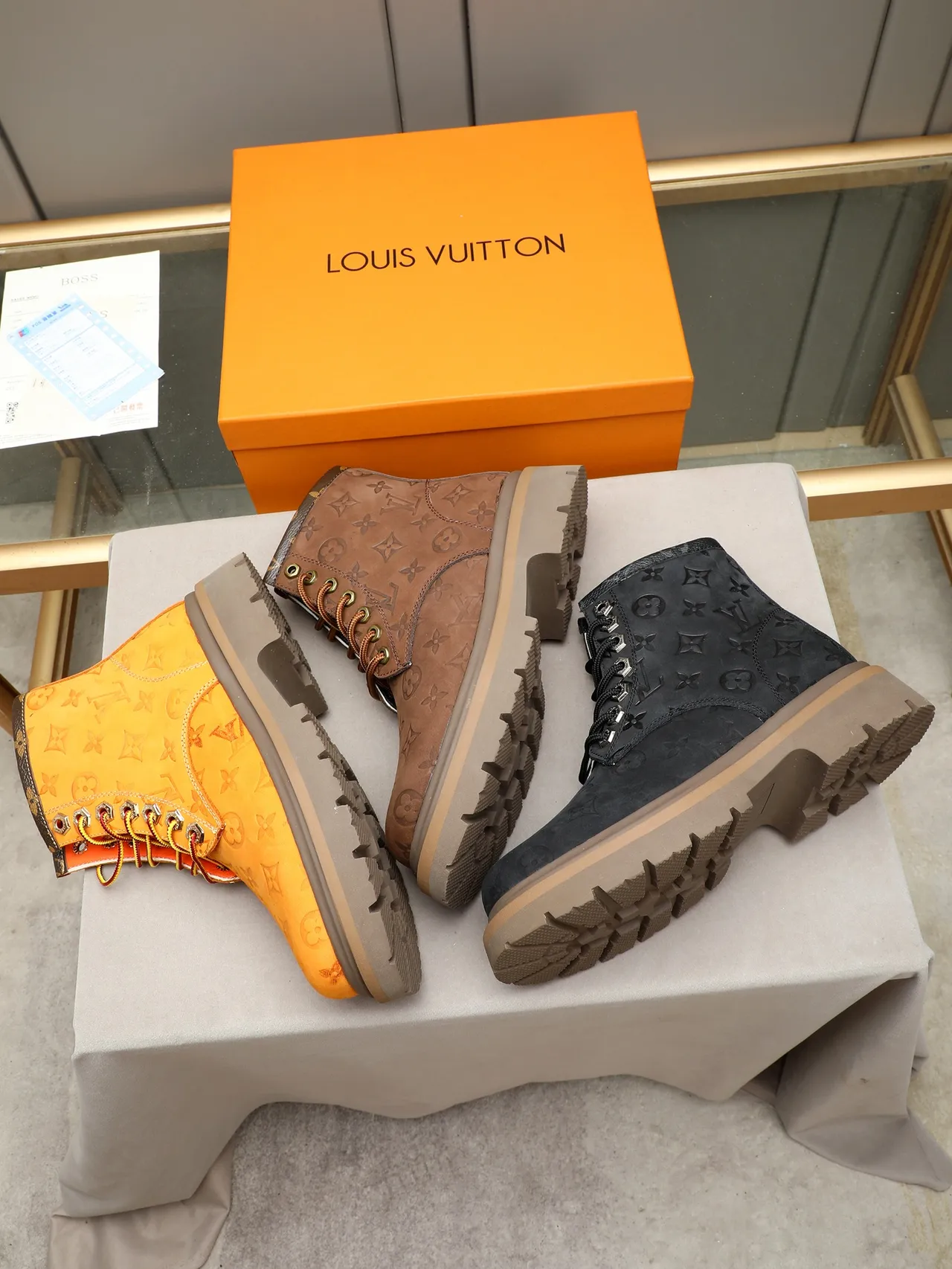 Louis Vuitton Orange Brown Embossed Monogram Suede-Like Texture Work Boots