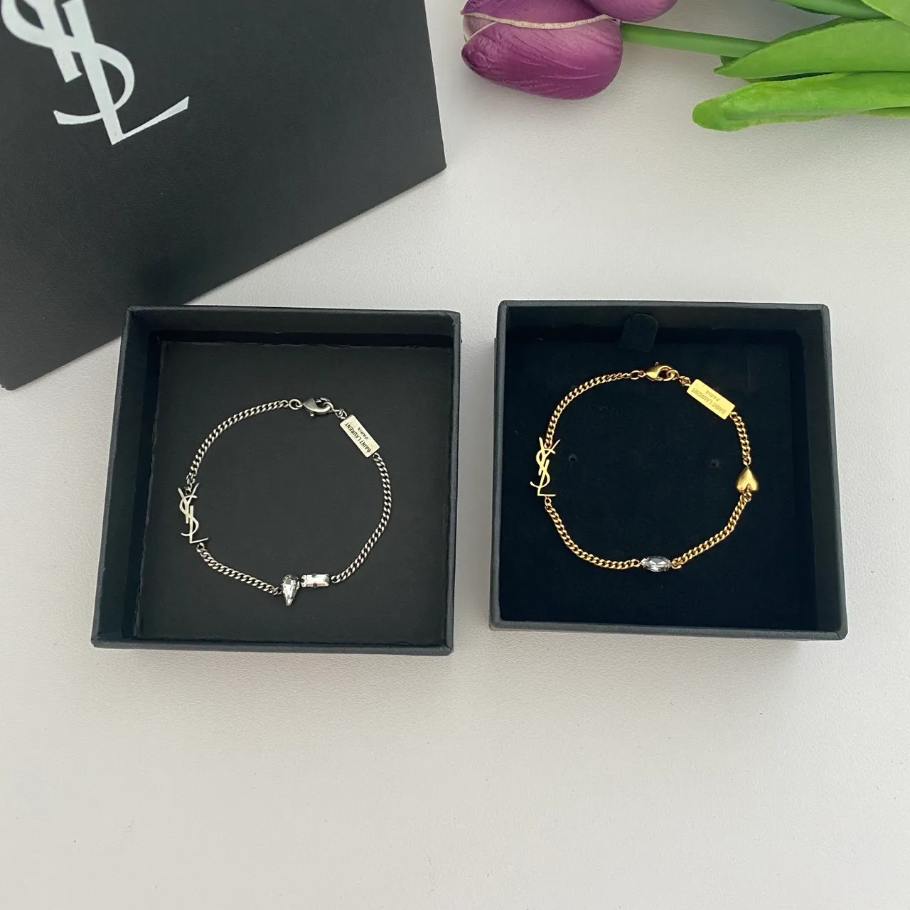 Saint Laurent Monogram Chain Silver Gold Charm Bracelet
