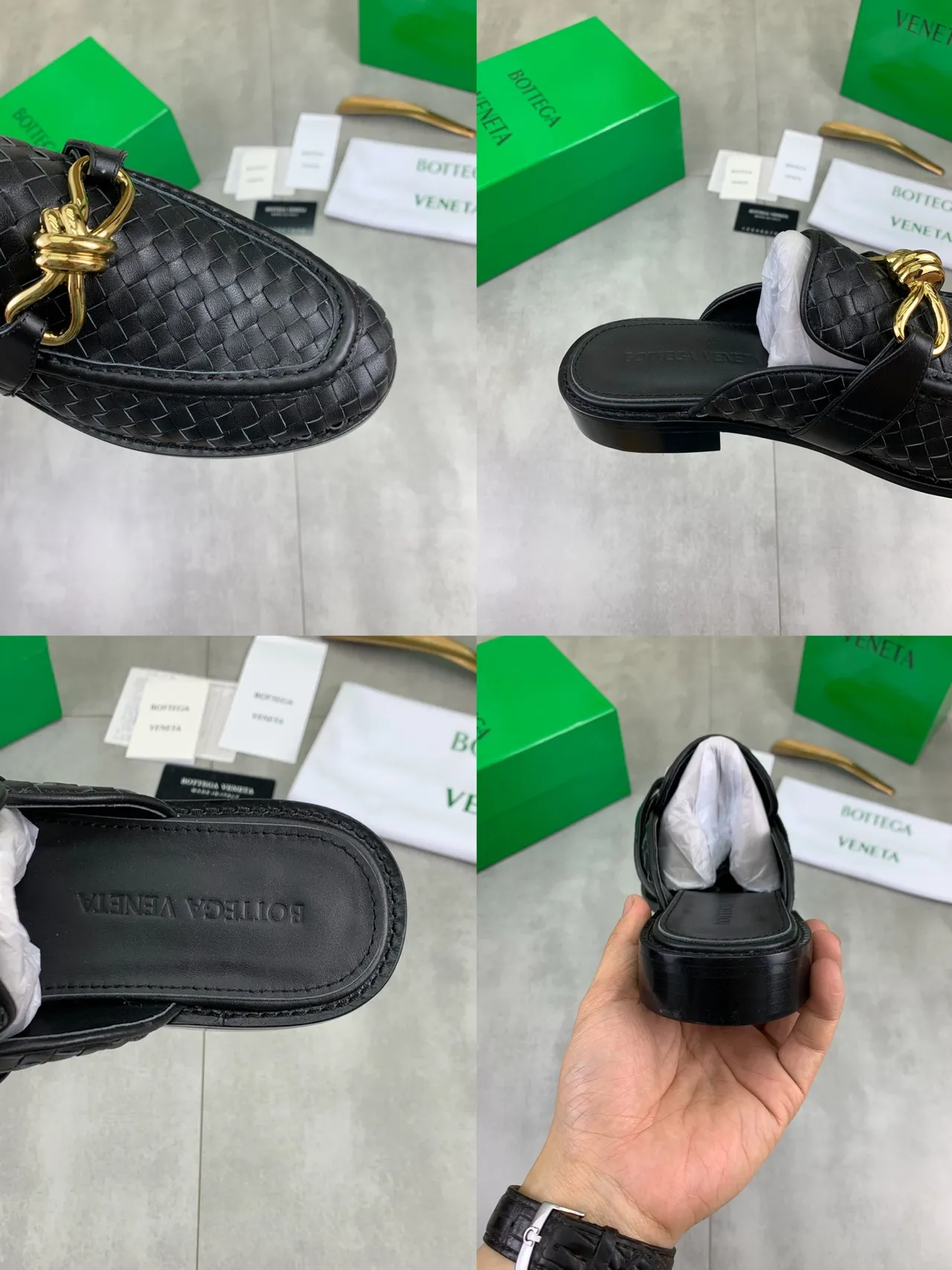 Bottega Veneta Andiamo Black Intrecciato Woven Leather Gold Horsebit Loafers