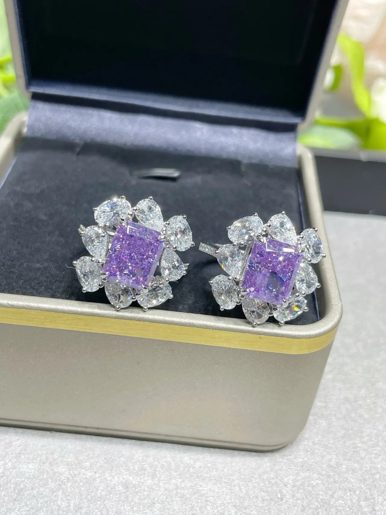 Purple Square Center Floral Cluster Earrings