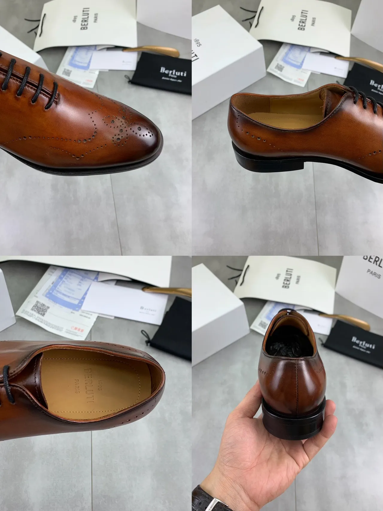 BERLUTI Brown Black Full Wingtip Cognac Burnished Leather Brogue